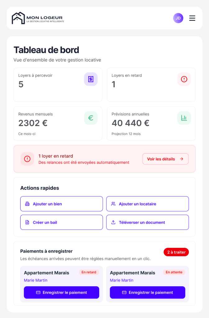 Tableau de bord MonLogeur Version Mobile